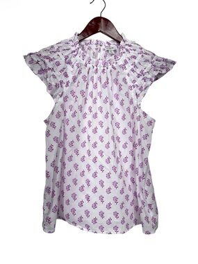 J. Crew Purple Floral Print Ruffle Cap Sleeve White Cotton Blouse Size Medium